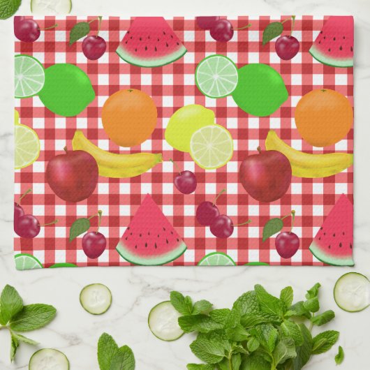 Red and White Gingham Check Fruits Pattern Theedoek (Gevouwen)