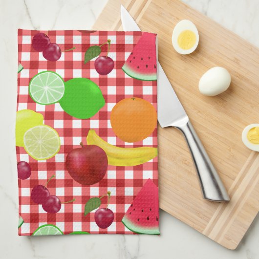Red and White Gingham Check Fruits Pattern Theedoek (Quarter Fold)