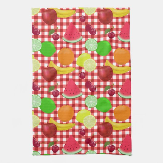 Red and White Gingham Check Fruits Pattern Theedoek (Verticaal)