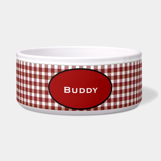 Red and White Gingham Custom Dog Bowl Voerbakje (Voorkant)