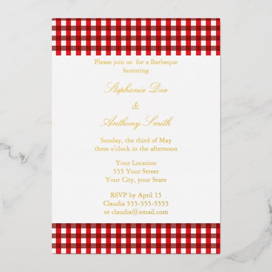Red and White Gingham Pattern Barbeque Wedding Folie Uitnodiging (Voorkant)