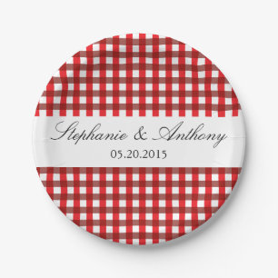 Red and White Gingham Pattern Barbeque Wedding Papieren Bordje