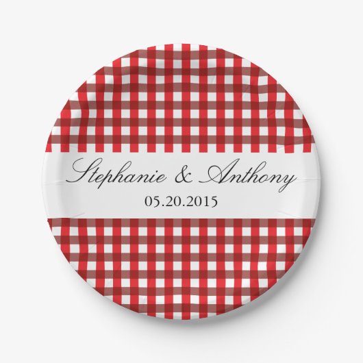 Red and White Gingham Pattern Barbeque Wedding Papieren Bordje (Voorkant)