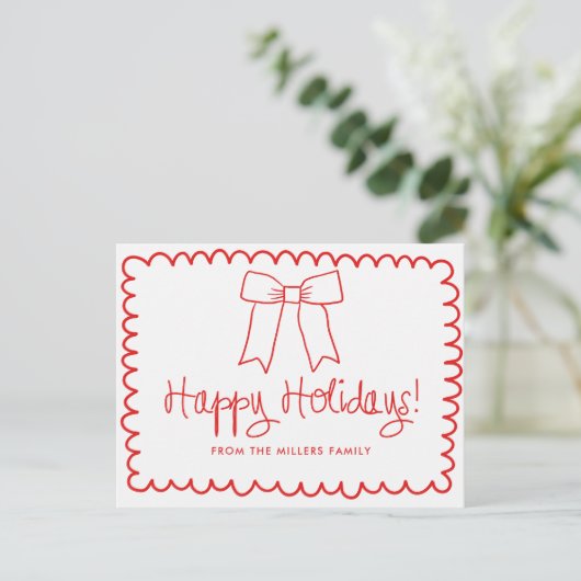 Red and White Minimalist Happy Holidays Bow Briefkaart (Staand voorkant)