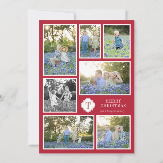 Red and White Monogramed Seven Photo Holiday Kaart (Voorkant)