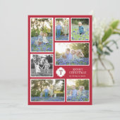 Red and White Monogramed Seven Photo Holiday Kaart (Staand voorkant)