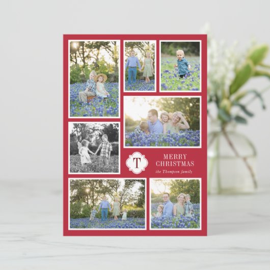 Red and White Monogramed Seven Photo Holiday Kaart (Staand voorkant)