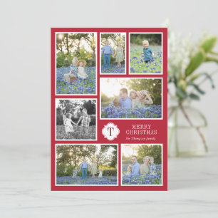 Red and White Monogramed Seven Photo Holiday Kaart