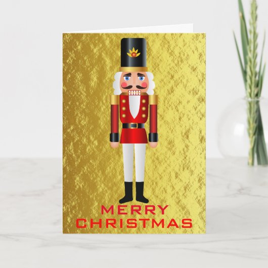 Red and White Nutcracker on Faux Gold Personalize Feestdagen Kaart (Voorkant)