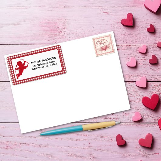 Red and White Plaid Gingham Valentine Cupid Etiket