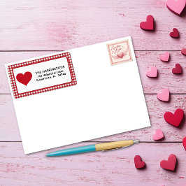 Red and White Plaid Gingham Valentine Heart Etiket