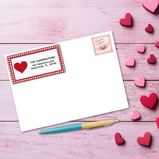 Red and White Plaid Gingham Valentine Heart Etiket