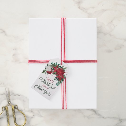 Red and White Poinsettia Bouquet Holiday Cadeaulabel (Met Touw)