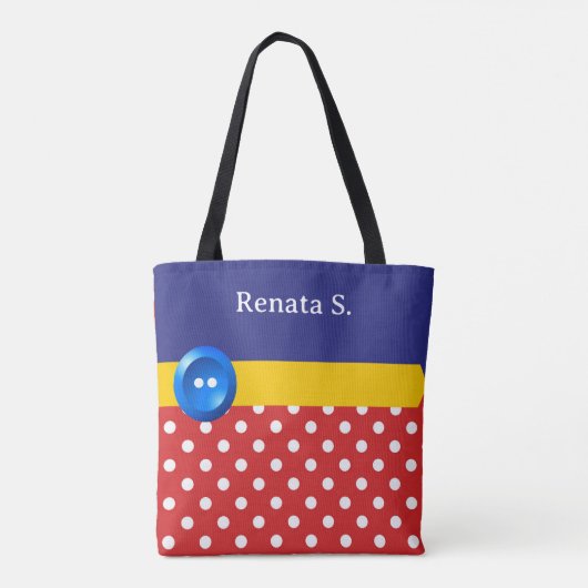 Red and White Polka Dots and Blue Button Tote Bag (Achterkant)