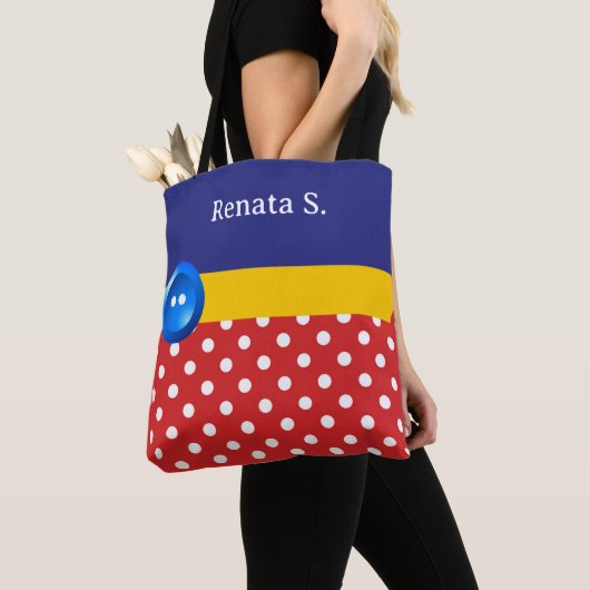 Red and White Polka Dots and Blue Button Tote Bag (Dichtbij)