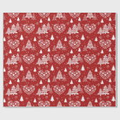 Red and White Scandinavian Heart & Christmas Tree Cadeaupapier (Vlak)