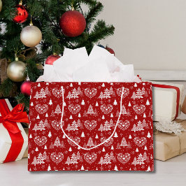 Red and White Scandinavian Heart & Christmas Tree Groot Cadeauzakje