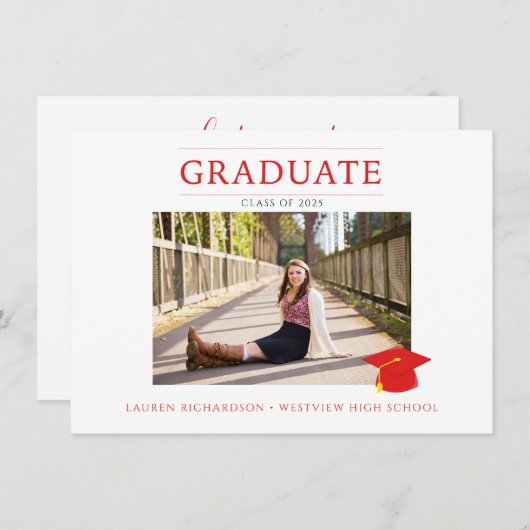 Red and White Simple Photo Graduparty Kaart (Voorkant / Achterkant)