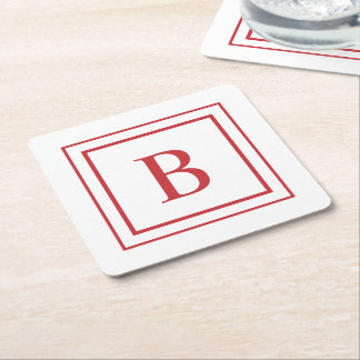 Red And White Square Border Monogram  Kartonnen Onderzetters