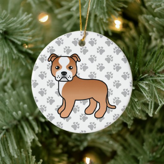 Red and White Staffordshire Bull Terrier Dog Keramisch Ornament (Boom)