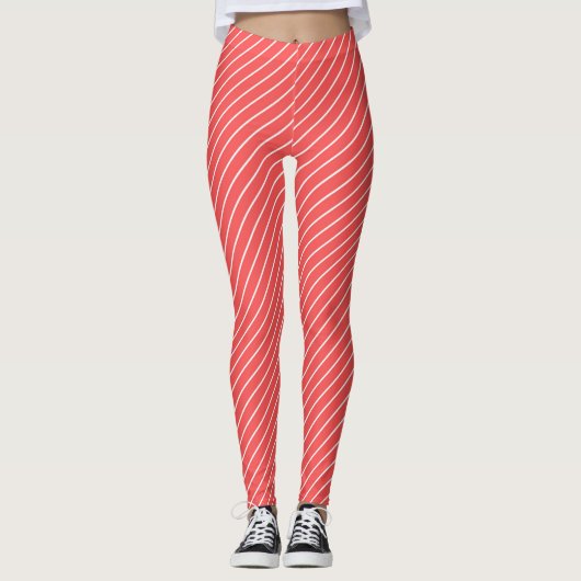 Red And White Stripes And Lines Pattern Leggings (Voorkant)