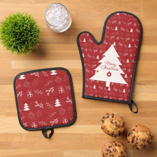 Red and withe Christmas Oven Mitt and Pot Holders Ovenwant & Pannenlap Set (Top down)