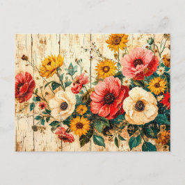 Red and Yellow Garden Flowers on Wood Briefkaart