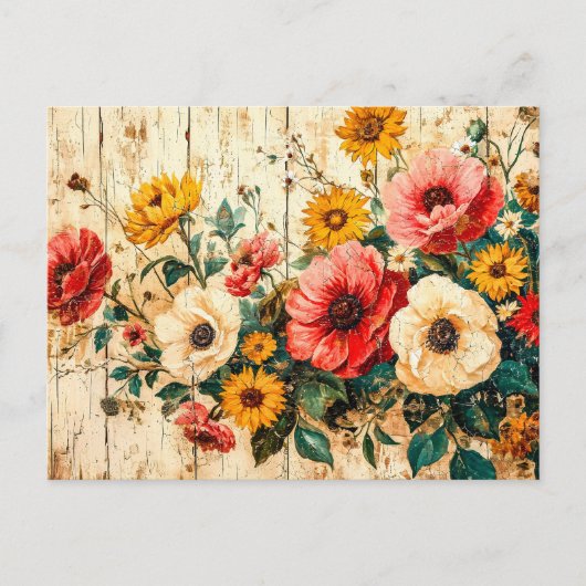 Red and Yellow Garden Flowers on Wood Briefkaart (Voorkant)
