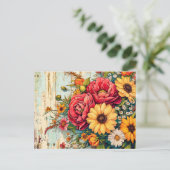 Red and Yellow Garden Flowers on Wood Briefkaart (Staand voorkant)