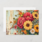 Red and Yellow Garden Flowers on Wood Briefkaart (Voorkant / Achterkant)