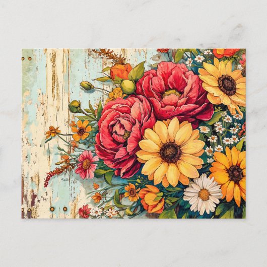 Red and Yellow Garden Flowers on Wood Briefkaart (Voorkant)