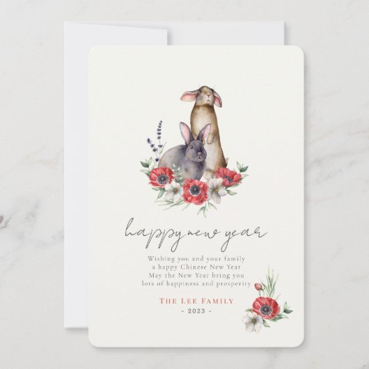 Red Anemone Bunnies Year of the Rabbit New Year Feestdagenkaart (Voorkant)