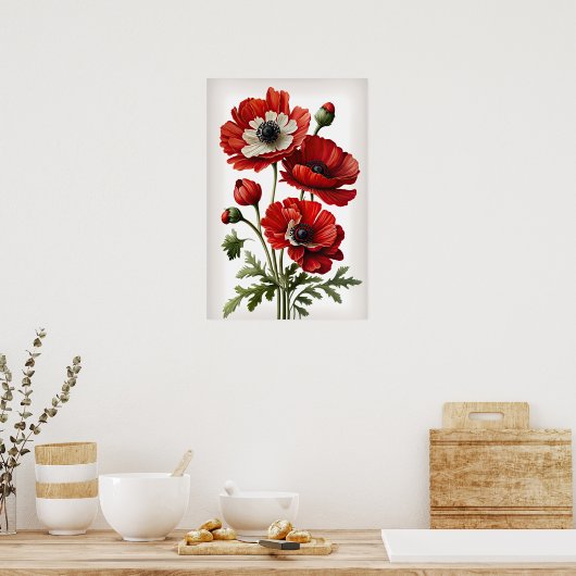 Red Anemone Flowers Art Print Poster (Keuken)