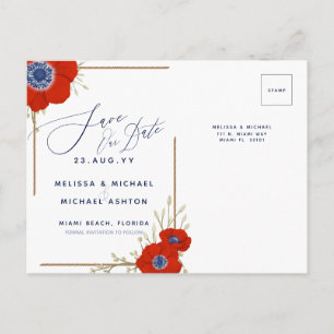 Red Anemone Nautical Navy + Anchor Save the Date A Aankondigingskaart
