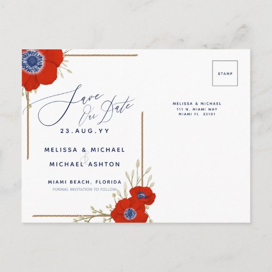 Red Anemone Nautical Navy + Anchor Save the Date A Aankondigingskaart (Achterkant)