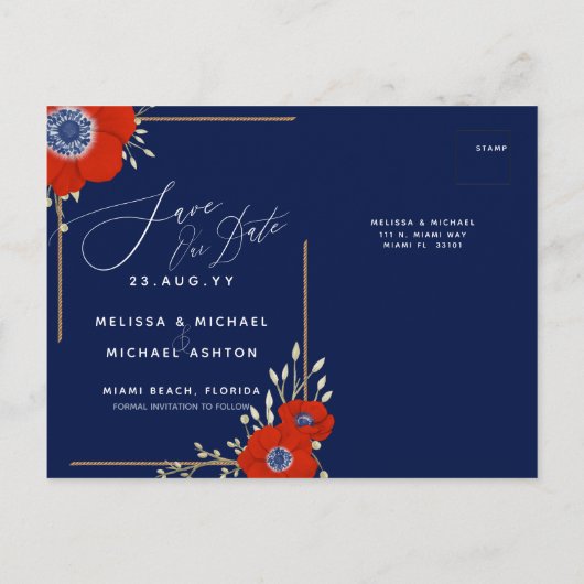 Red Anemone Nautical Navy + Anchor Save the Date Aankondigingskaart (Achterkant)