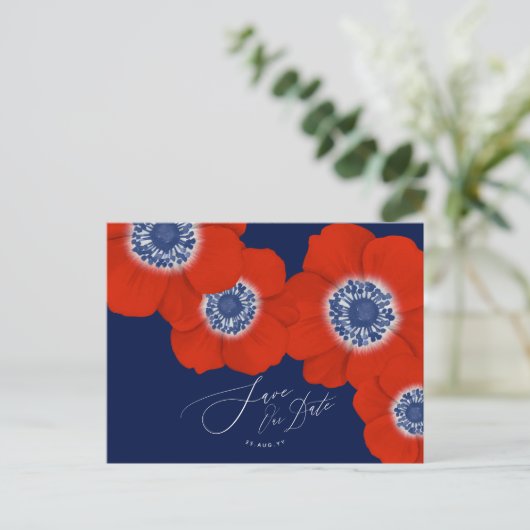 Red Anemone Nautical Navy + Anchor Save the Date Aankondigingskaart (Staand voorkant)