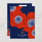 Red Anemone Nautical Navy + Anchor Save the Date Aankondigingskaart (Voorkant / Achterkant)