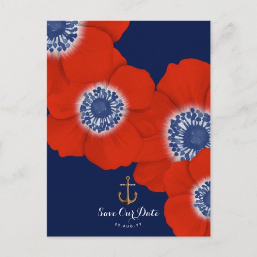 Red Anemone Nautical Navy + Anchor Save the Date Aankondigingskaart (Voorkant)