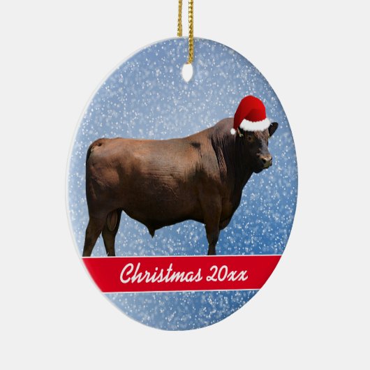 Red Angus Bull en Santa Hat Keramisch Ornament (Rechts)