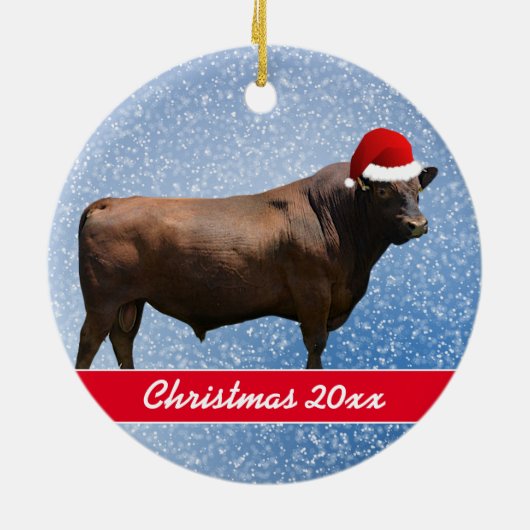 Red Angus Bull en Santa Hat Keramisch Ornament (Achterkant)