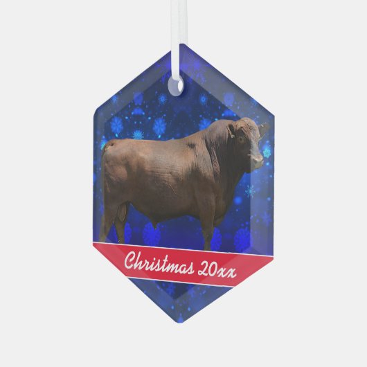 Red Angus Bull kerstkeramiek Glas Ornament (Voorkant links)
