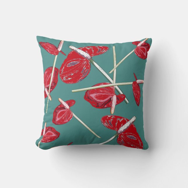 Red Anthurium Flowers Pattern Cushion Pillow Kussen (Voorkant)