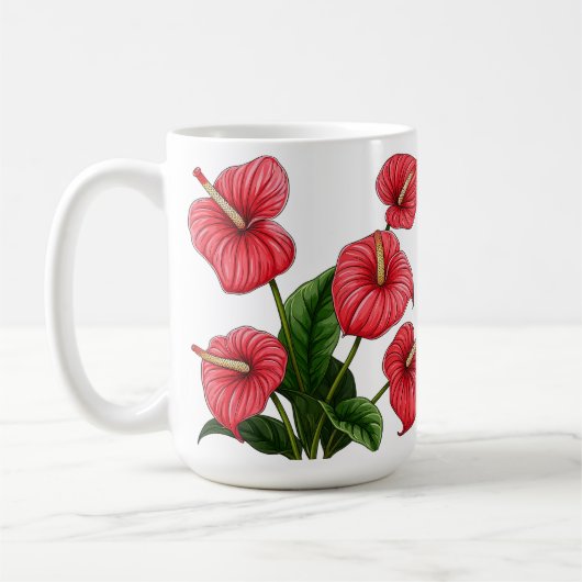 Red Anthurium Flowers with Green Leaves Koffiemok (Links)