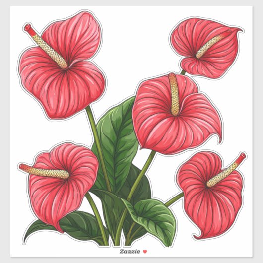 Red Anthurium Flowers with Green Leaves Sticker (Vel)