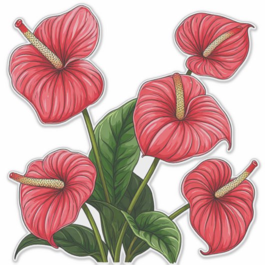 Red Anthurium Flowers with Green Leaves Sticker (Voorkant)