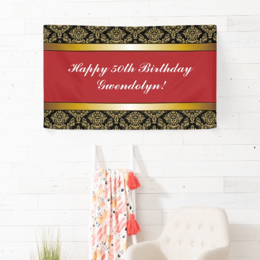 Red Any Age Gold Damask Birthday Banner (Insitu)