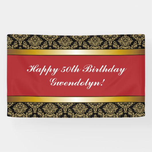 Red Any Age Gold Damask Birthday Banner (Horizontaal)