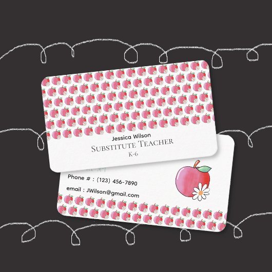 Red Apple and Daisy Pattern Teacher Business Card Visitekaartje