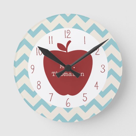 Red Apple Aqua Chevron Teacher Clock Ronde Klok (Voorkant)